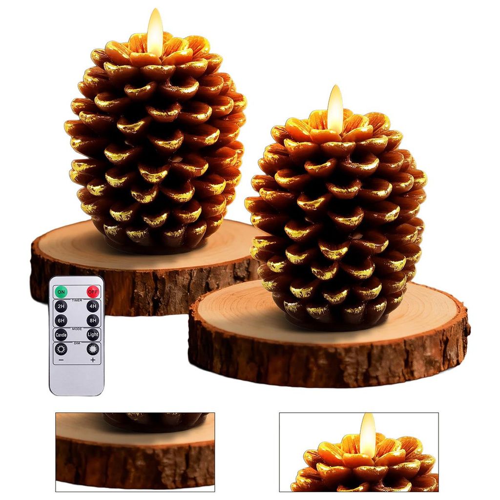 2er-Set LED Weihnachtskerzen Tannenzapfen, mit Timer & Fernbedienung, batteriebetrieben, festliche Dekoration für Zuhause