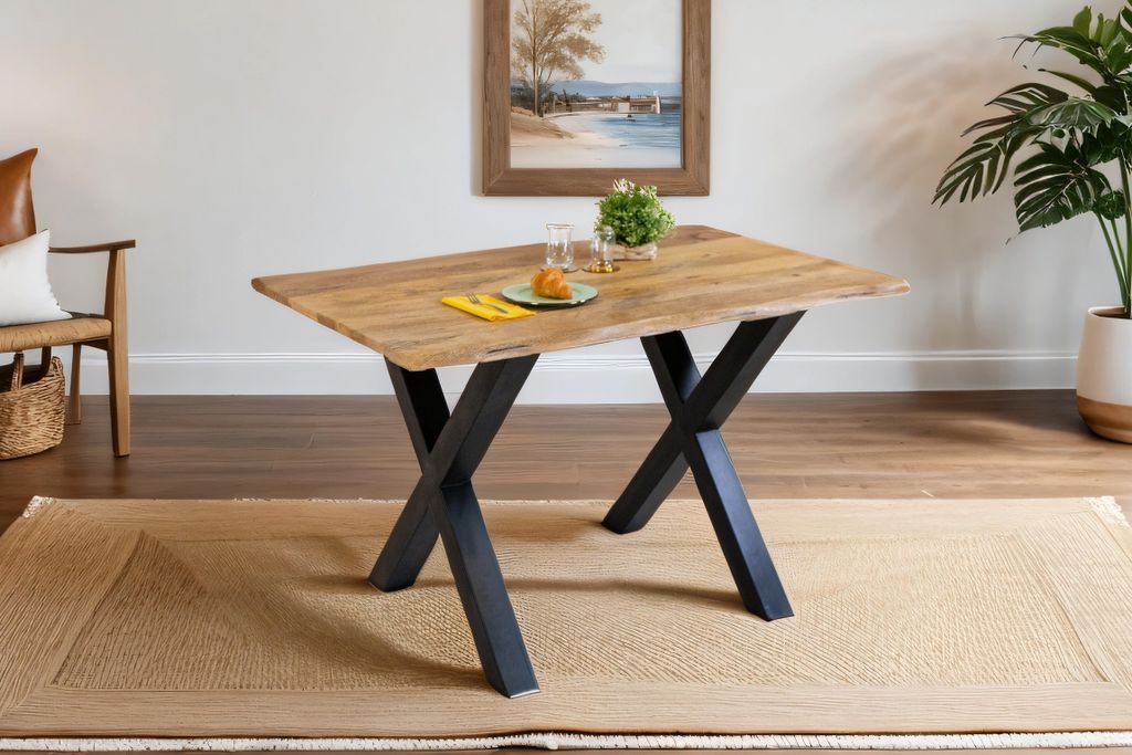 Baumkantentisch Mangoholz Esstisch Vintage-Optik 120 x 80 cm X-Gestell schwarz TIGER