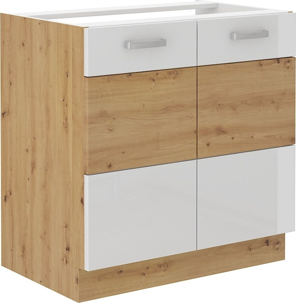 Spülenschrank 80 cm Eiche Artisan + Weiß Hochglanz Küchenzeile Küchenblock Küche