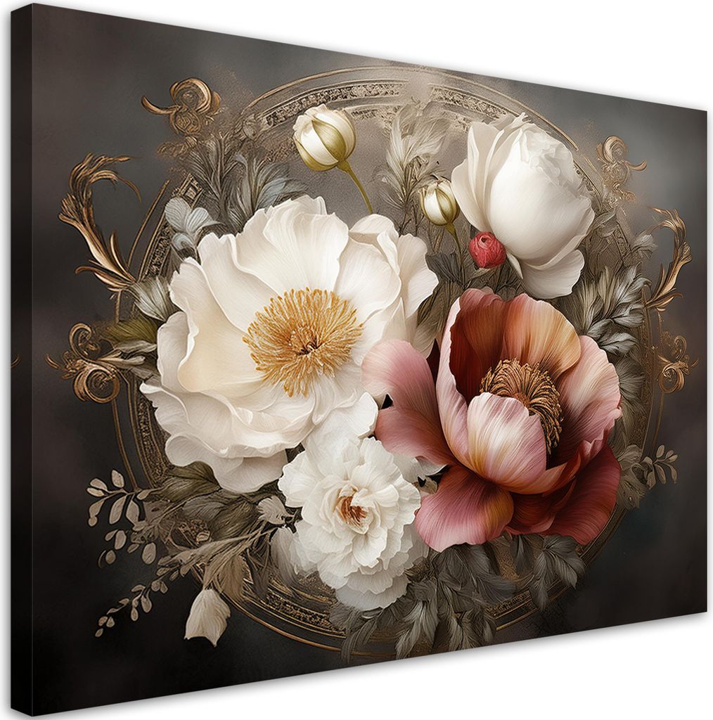 Leinwandbild Blumen und Blätter Natur 100x70 Feeby Grau bild für die wand bereit zum aufhängen