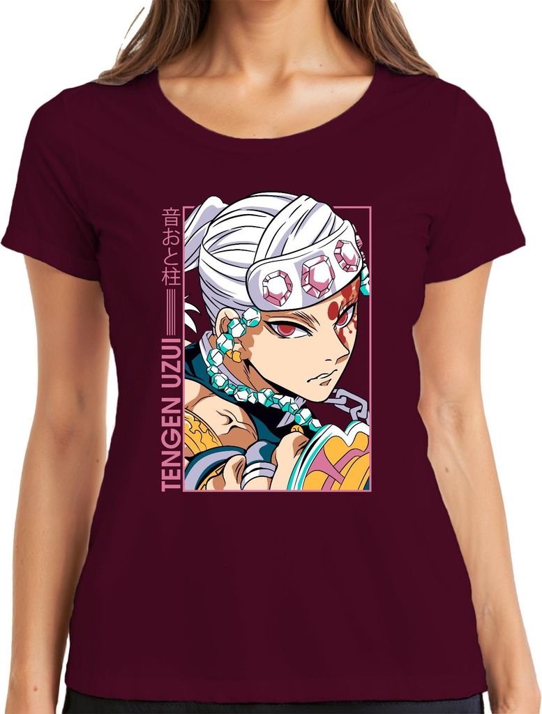Tengen Uzui Kimetsu no Yaiba Anime Juwelen Stirnband Cosplay Damen T-Shirt, Burgundy, 3XL