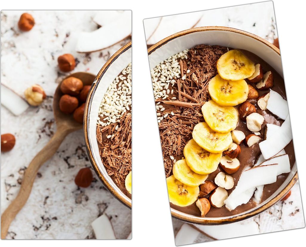 Spritzschutz Herdabdeckplatte Schneidebrett aus Glas Müsli mit Nüssen und Bananen 2-Teilig (60x52cm)