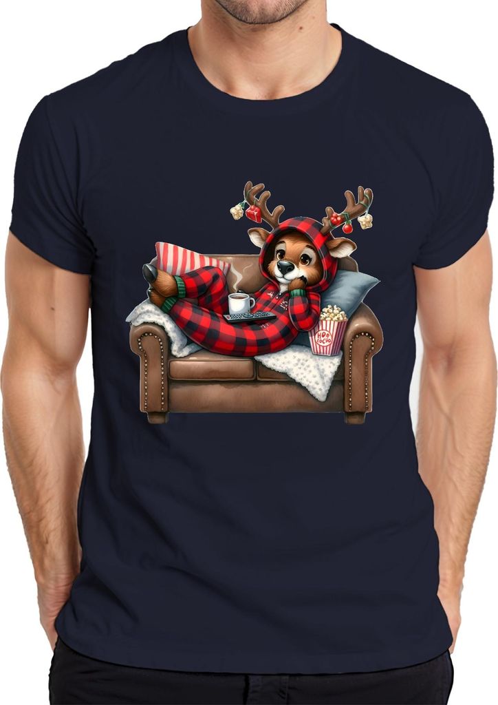 Rentier Karo Schlafanzug gemütlich Weihnachten Kinoabend Geschenk Herren T-Shirt, Navy, L