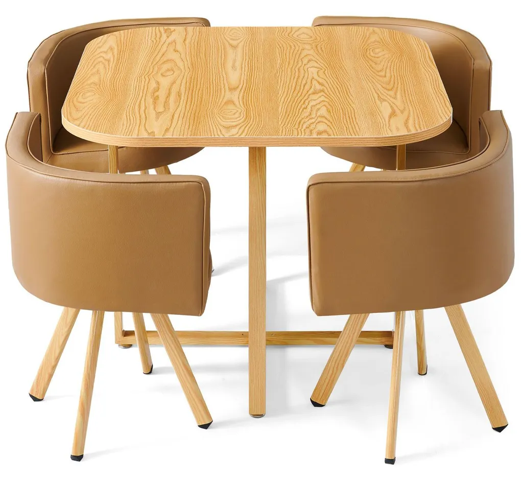 Gagnez de la place avec cet ensemble table ronde et chaises Oslo Taupe