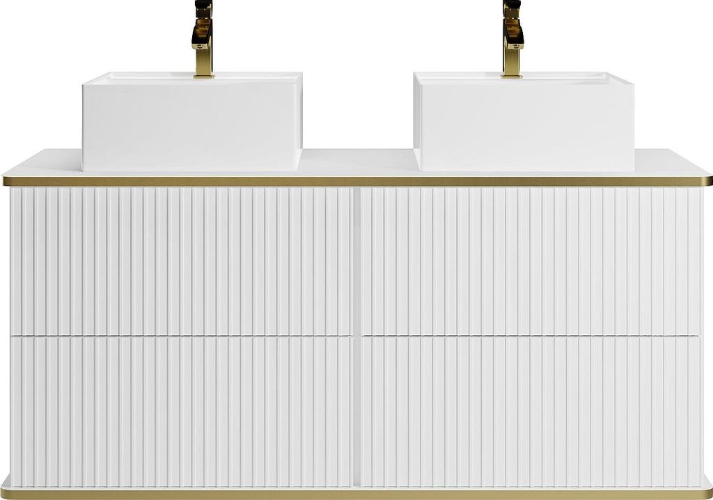 Hängender Badezimmerschrank mit Streifenmuster und goldenem Rand sowie doppeltem Aufsatzwaschbecken – weiß – 120 cm – KELIZA