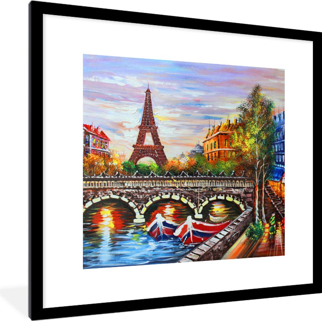 MuchoWow Gerahmtes Poster Gemälde - Öl - Eiffelturm - Paris - Wasser 40x40 cm - Poster mit Schwarzem Bilderrahmen Wandposter Rahmen Foto Bilder...