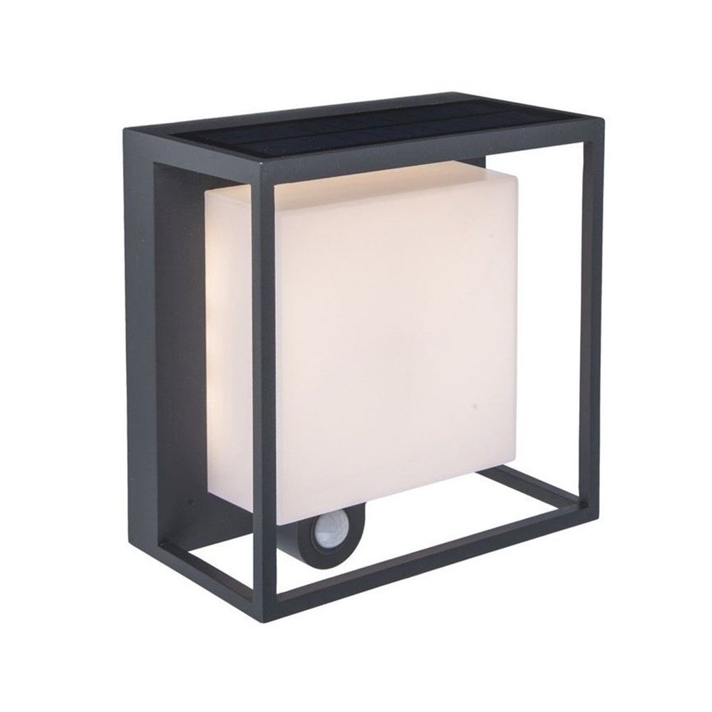 A modern outdoor wall light with a solar panel on top and a motion sensor at the bottom.
