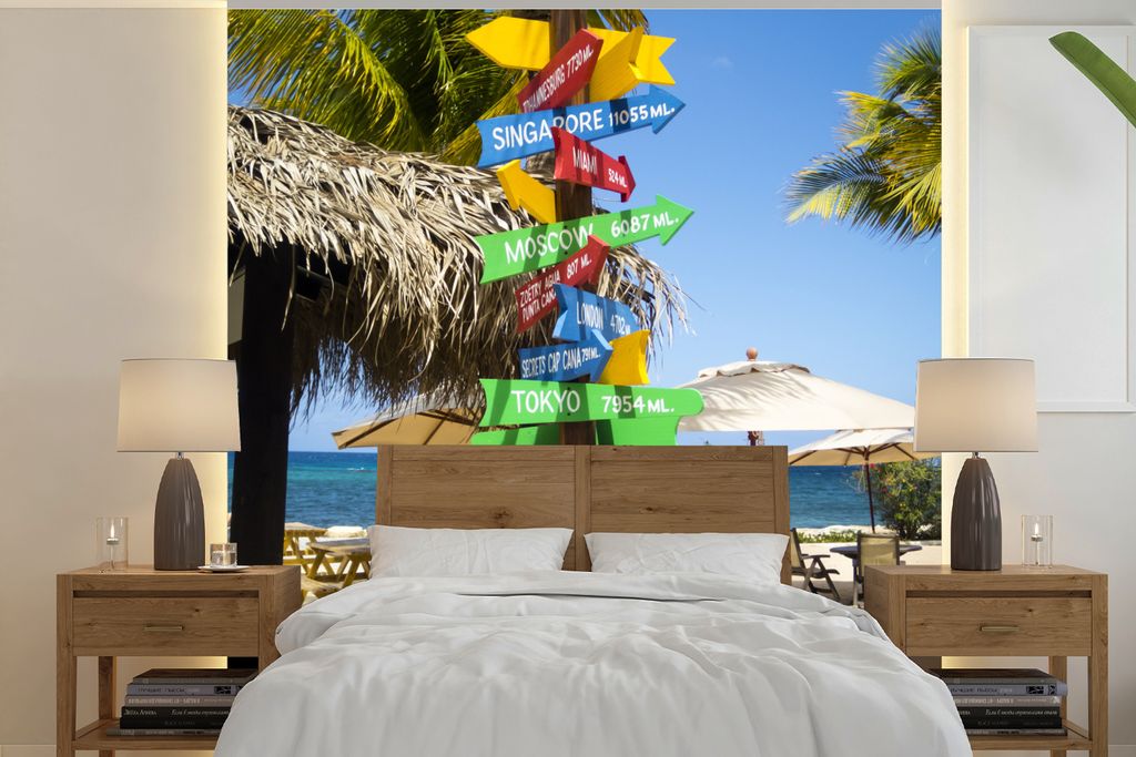 MuchoWow Fototapete für Wohnzimmer oder Schlafzimmer Wandtapete Vinyl Motivtapete Farbiger Wegweiser mit Weltstädten am Strand in Jamaika - 350...