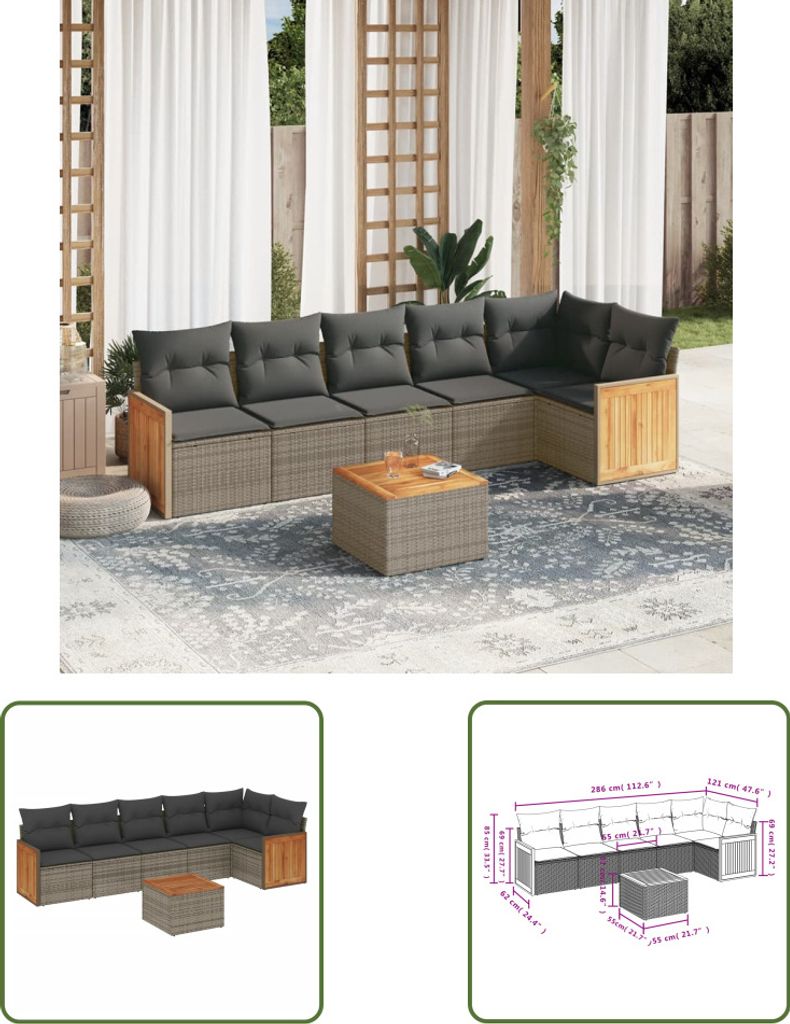 The Living Store 7-tlg. Garten-Sofagarnitur mit Kissen Grau Poly Rattan