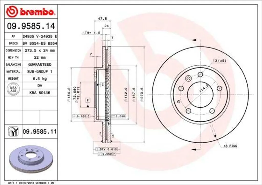 Disque de Frein Brembo 09.9585.11 avec Protection Anti-Corrosion Mazda