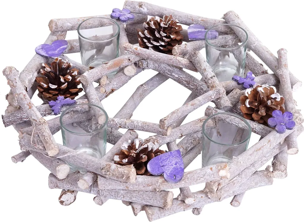 Corona Avvento Moderna 30cm in Legno Grigio Viola Portacandele