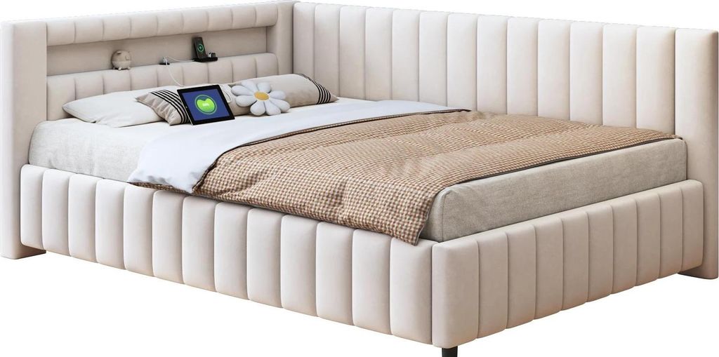 Bett mit Stauraum - Polsterbett 140x200 cm - Samtbezug - LED-Beleuchtung - USB-Ladeanschluss - Kopfteil - Beige