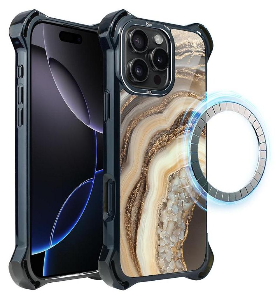 Schutzhülle für das iPhone 16 Pro, MagSafe-kompatibel, verstärkte Ecken, schwarz, Zierstein, Achat