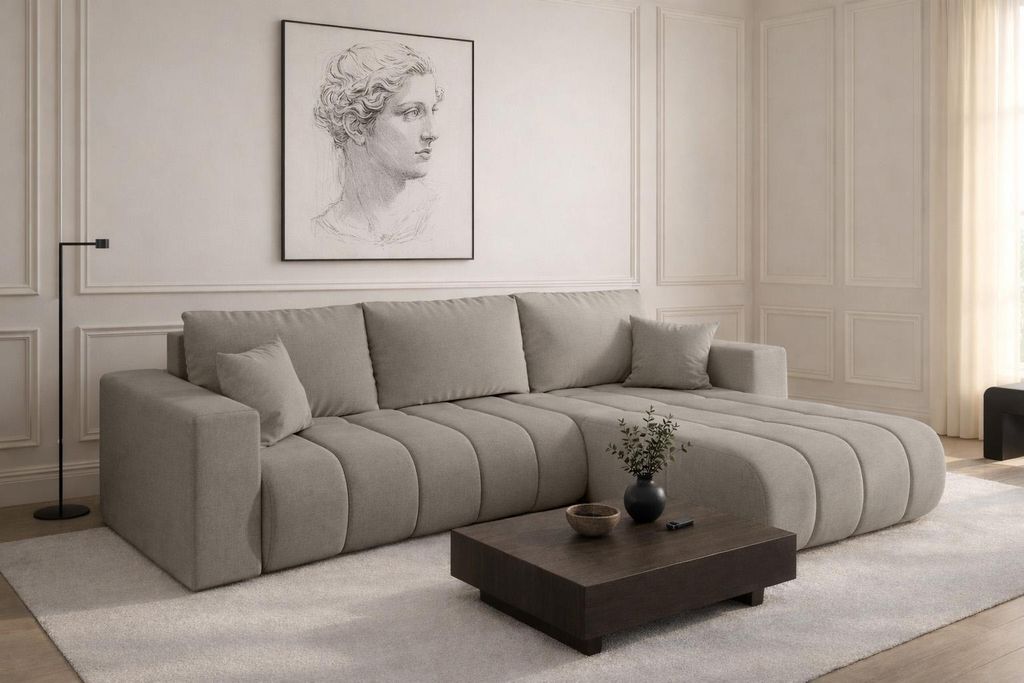 Kaiser Möbel Ecksofa mit schlaffunktion und bettkasten MILO PREMIUM, stoff WIND, Sandgrau, Rechts