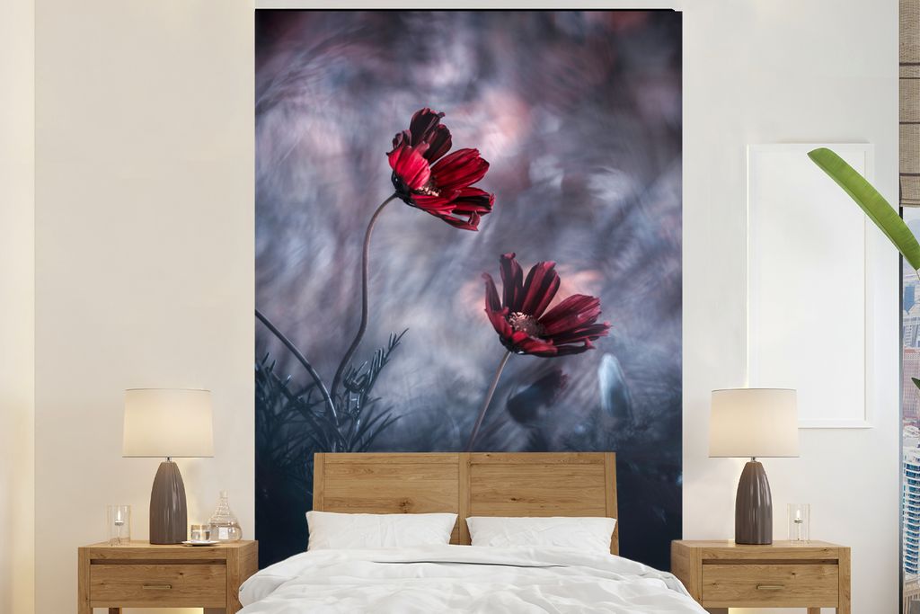 MuchoWow Fototapete für Wohnzimmer oder Schlafzimmer Wandtapete Vinyl Motivtapete Blumen - Rot - Pflanzen - Natur - 180x280 cm - Wallpaper