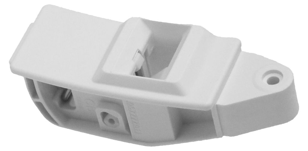 A white plastic part, likely a component for an appliance, is shown against a white background.