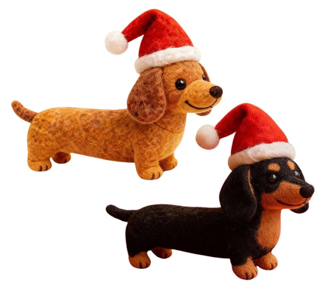 1/2 Stück handgefertigte Dackelfigur aus Filz mit Weihnachtsmannmütze, ideal als Dekoration für Zuhause, Büro oder Schreibtisch.