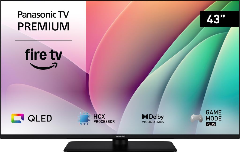 A Panasonic TV with various feature logos displayed on the screen.