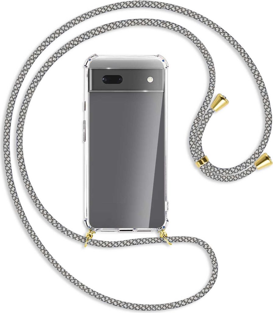 Handykette Backcover-Schutzhülle mit Band (Metall goldfarben) für Google Pixel 6a - weiß/grau kariert