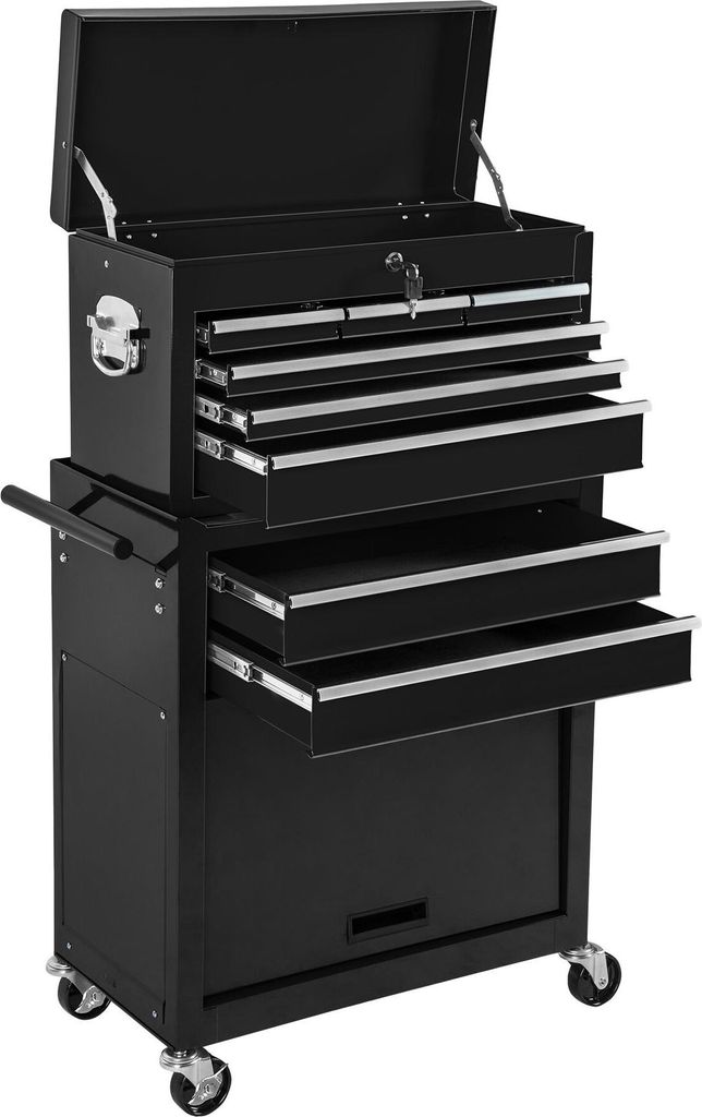 A black rolling tool chest with multiple drawers and the top lid open.