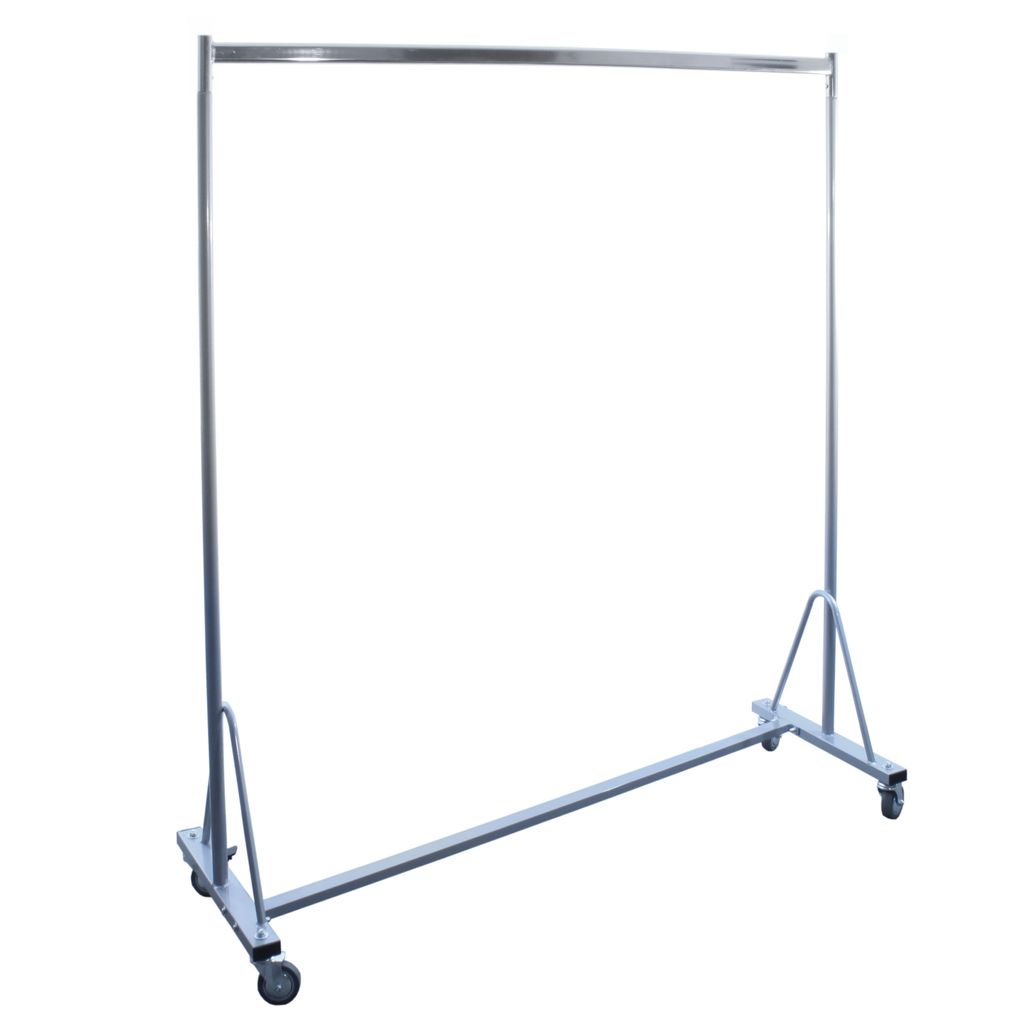 A silver metal clothing rack on wheels against a white background.
