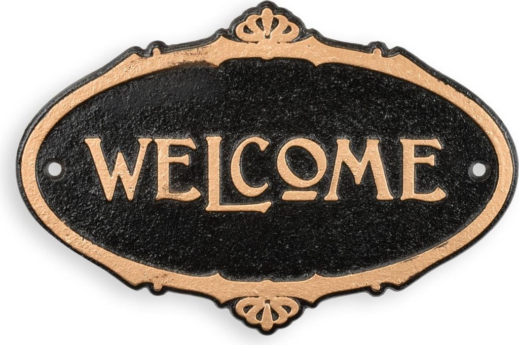 Schild Willkommen Gusseisen schwarz und goldfarben Replikat Retro Design Dekoration