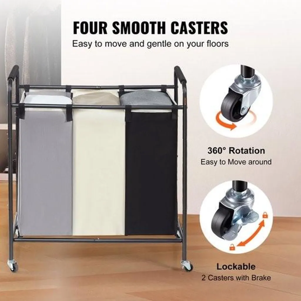 Chariot à linge robuste 15 kg avec 3 sacs Oxford et roulettes de tri