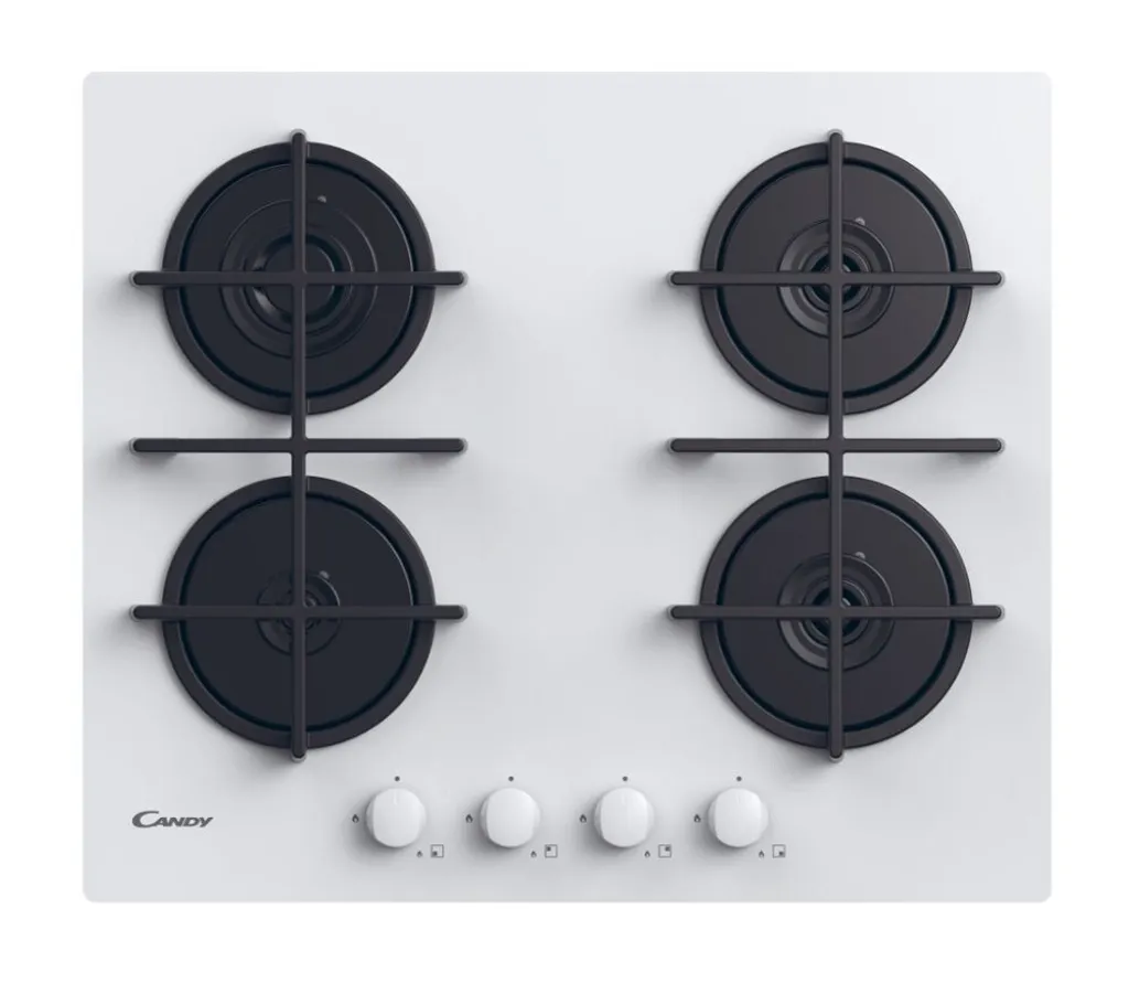 Plaque de cuisson gaz Candy CVG6WW encastrable 4 foyers verre blanc