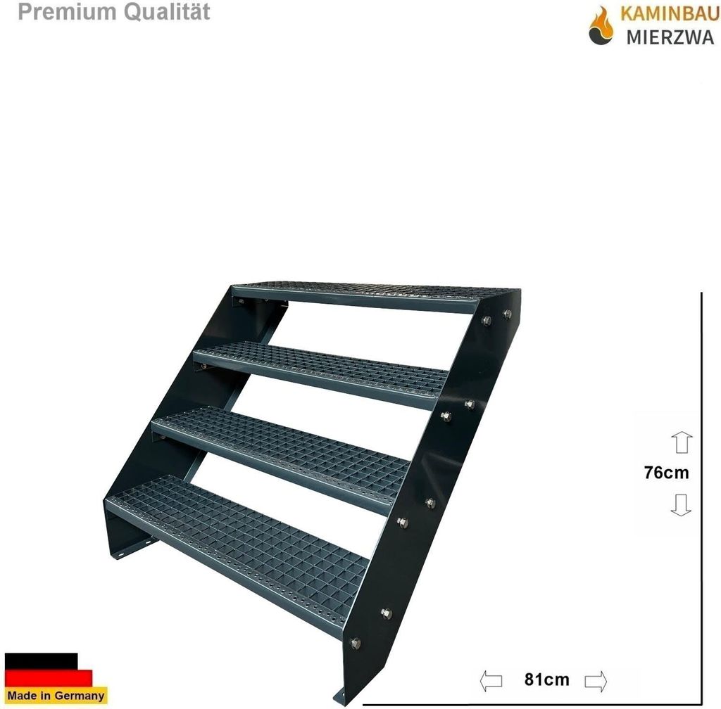 Gitterrost Stahl Wangentreppe 4 Stufen Verzinkt & Anthrazit Pulverlackiert - (L x B x H) 82cm x 100cm x 76cm