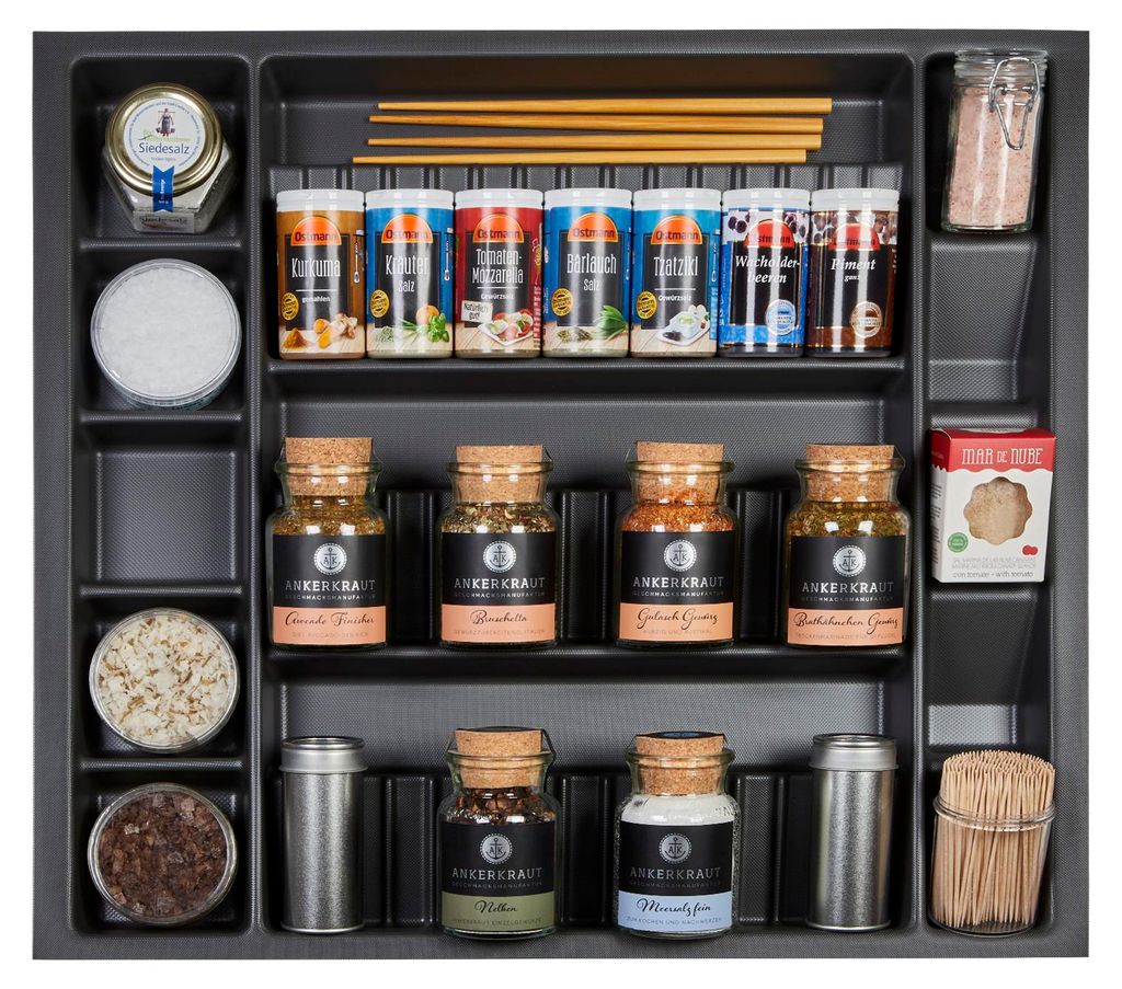 SOTECH ORGA-BOX I Multi-Gewürzdoseneinsatz – 513 x 473 x 28 mm, lavagrau, Perlstruktur, Tandembox Antaro / Intivo, ModernBox, 60er Schrank