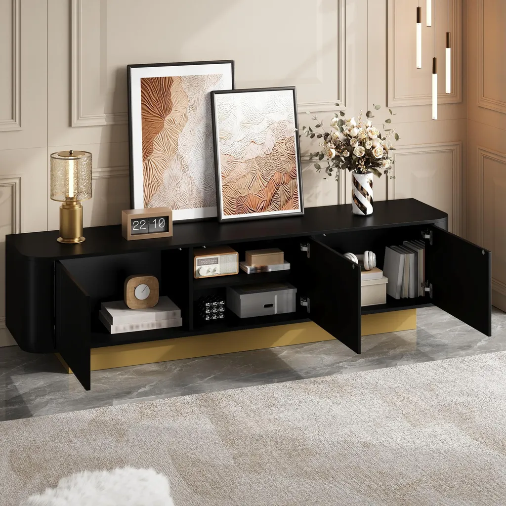 Meuble TV Design Coins Arrondis en MDF Noir, Support Multimédia Stable - 3