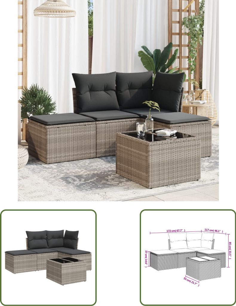 The Living Store 5-tlg. Garten-Sofagarnitur mit Kissen Hellgrau Poly Rattan
