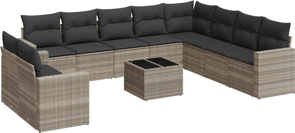vidaXL 11-tlg. Garten-Sofagarnitur mit Kissen Hellgrau Poly Rattan