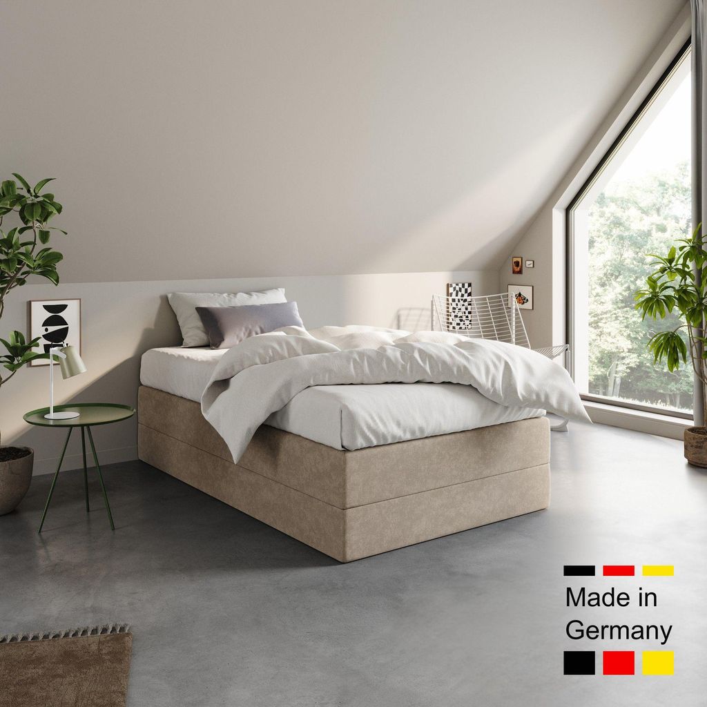 Home Collective Boxspringbett Polsterbett Bett wählbare Matratze Bonnell H2, Micro-Velours, platzsparend ohne Kopfteil | 120x200 | Beige