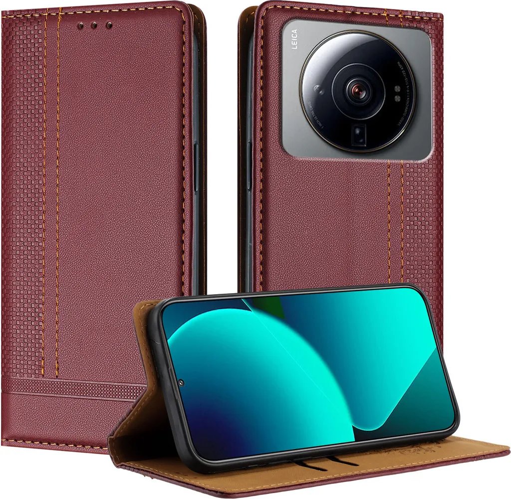 Custodia Xiaomi 12S Ultra Pelle Rosso Scuro - Protezione Stand Elegante
