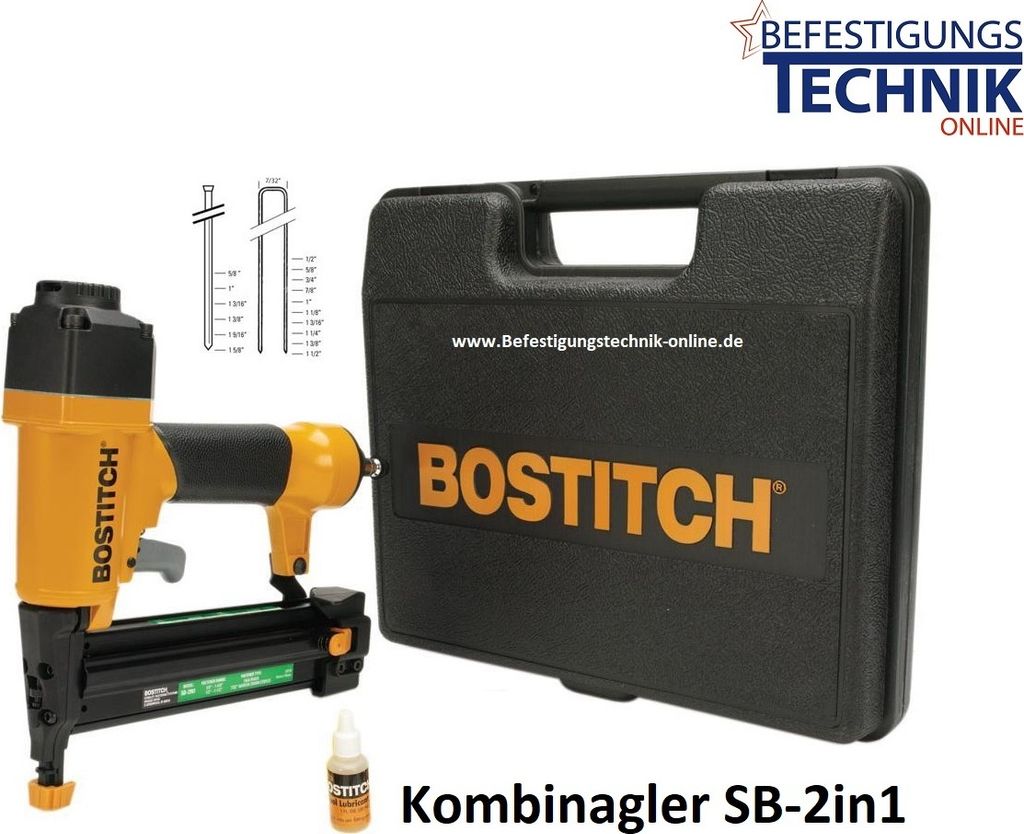 A product image showing a pneumatic nail gun, its case, and some accessories, along with text and logos.