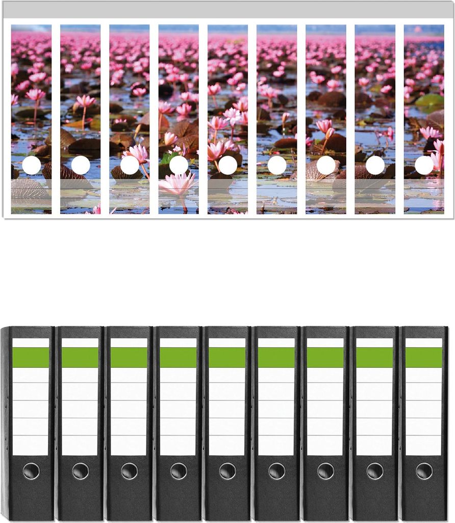 Wallario 9 Stück breite Ordner inkl. Klebeetiketten mit Motive Seerosenlandschaft mit rosa Blüten - Set mit Rückenschildern / Ordnerrücken Sti...