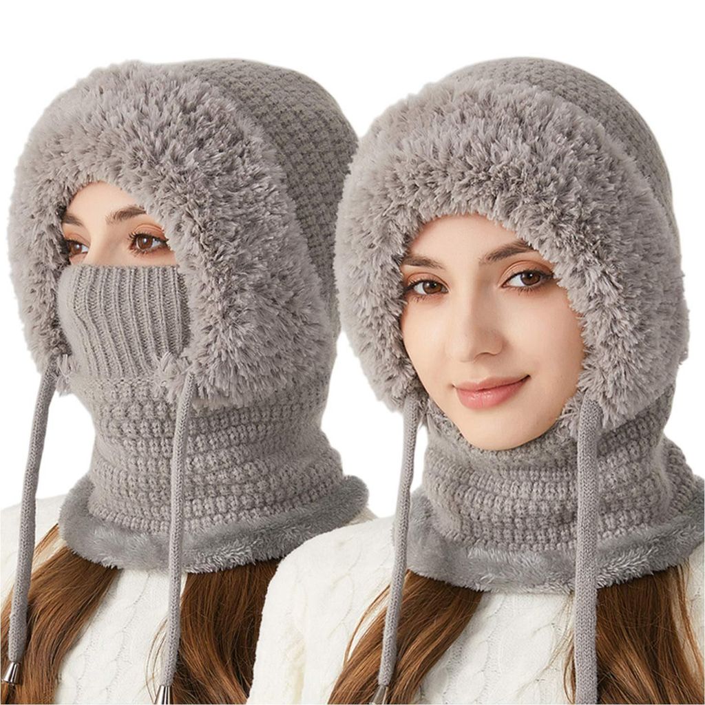 3 in 1 Wintermütze mit Winddichte Schal und Masken, Balaclava & Halswärmer Set, Grau