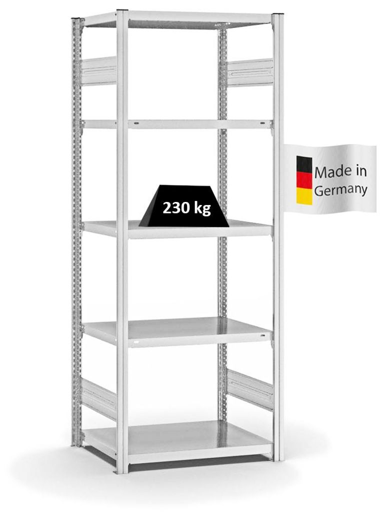 PROREGAL Fachbodenregal Stecksystem MAGNUS Germany | HxBxT 200x75x50cm | 5 Ebenen | Fachlast 230 kg | Beidseitig nutzbar | Lichtgrau