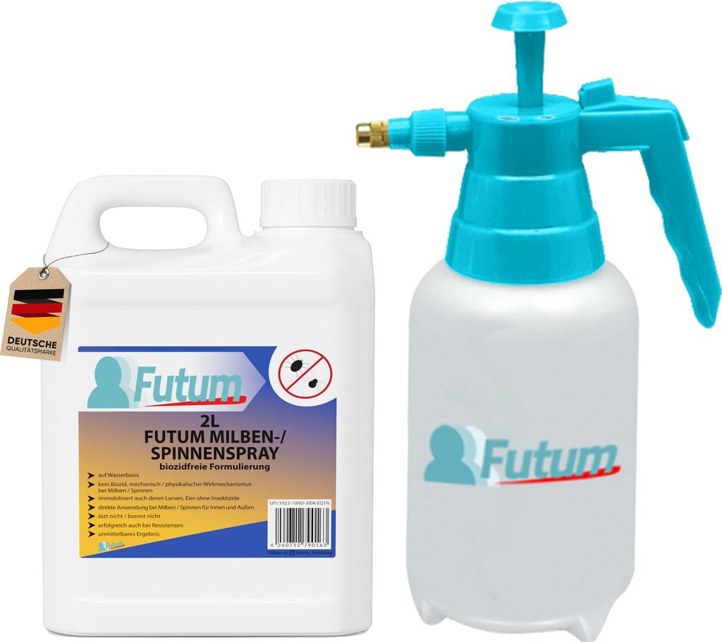 FUTUM 2 Liter + Sprüher Milbenspray / Spinnen -Spray | biozidfrei gegen Milben & Spinnen | Spinnen-Mittel| schnell & Direktwirkung | fleckenfrei