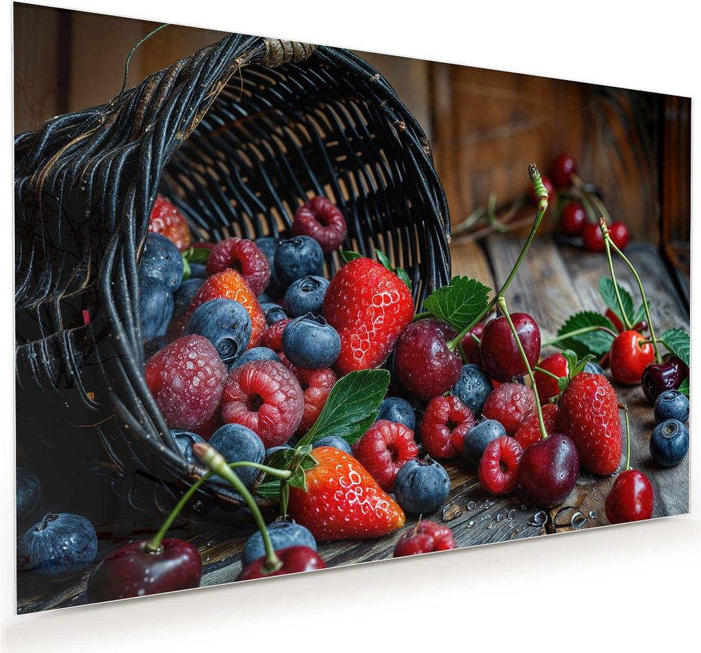 Glasbild 90x60cm in XXL für Wohnzimmer, Schlafzimmer Motiv Frische Beerenkorb