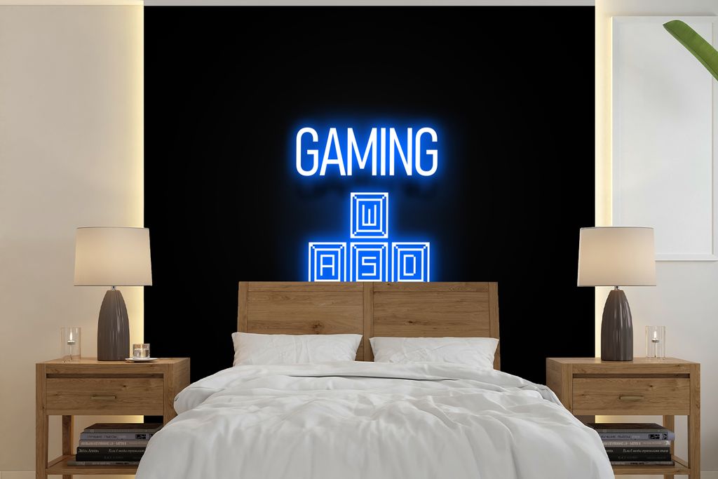 MuchoWow Fototapete für Wohnzimmer oder Schlafzimmer Wandtapete Vinyl Motivtapete Spiele - Text - Spielzone - Neon - Blau - 300x300 cm - Wanddek...