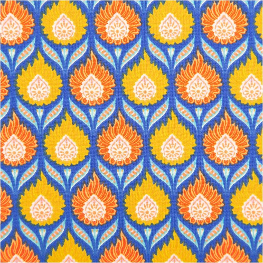 Baumwollstoff Meterware Retro Blumen Luka blau orange gelb