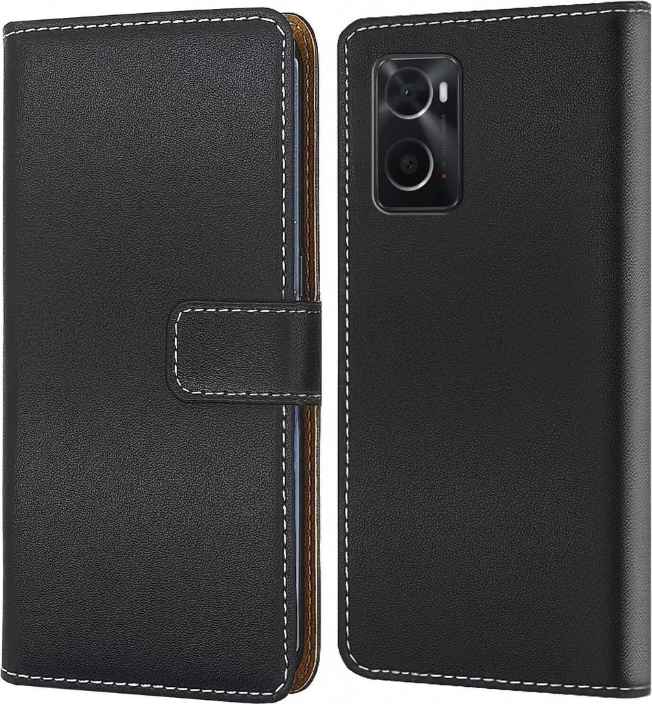 A black flip-style phone case is shown from the front and back.
