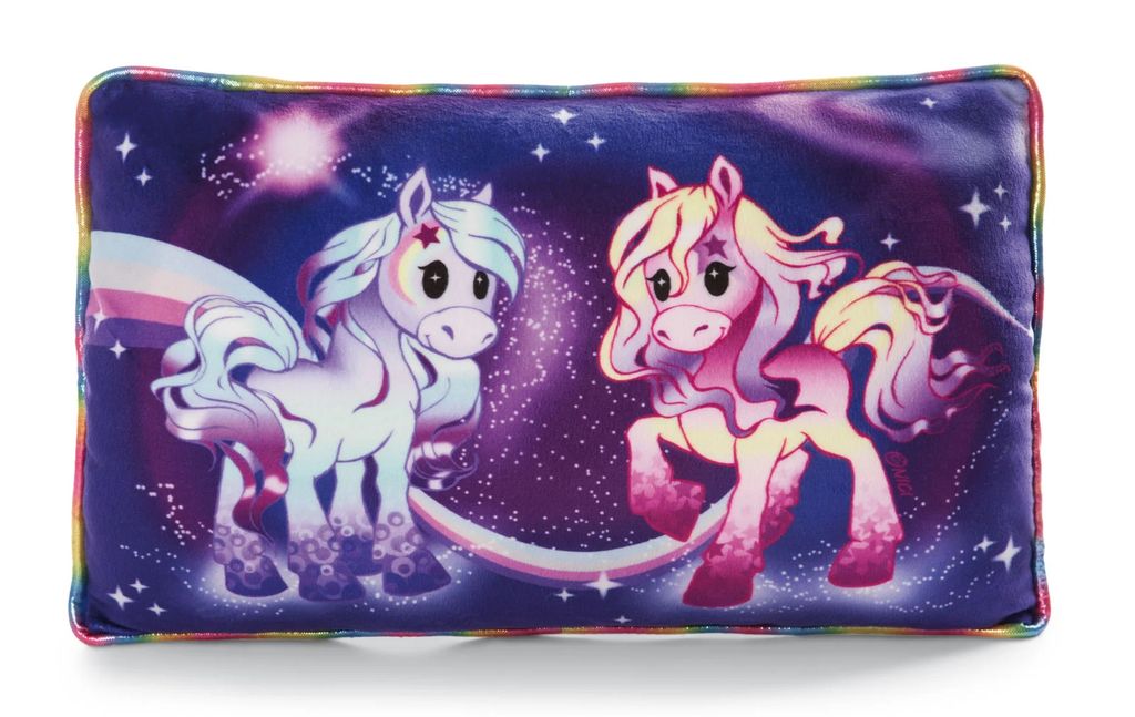 A rectangular pillow with a space-themed design featuring two cartoon ponies.