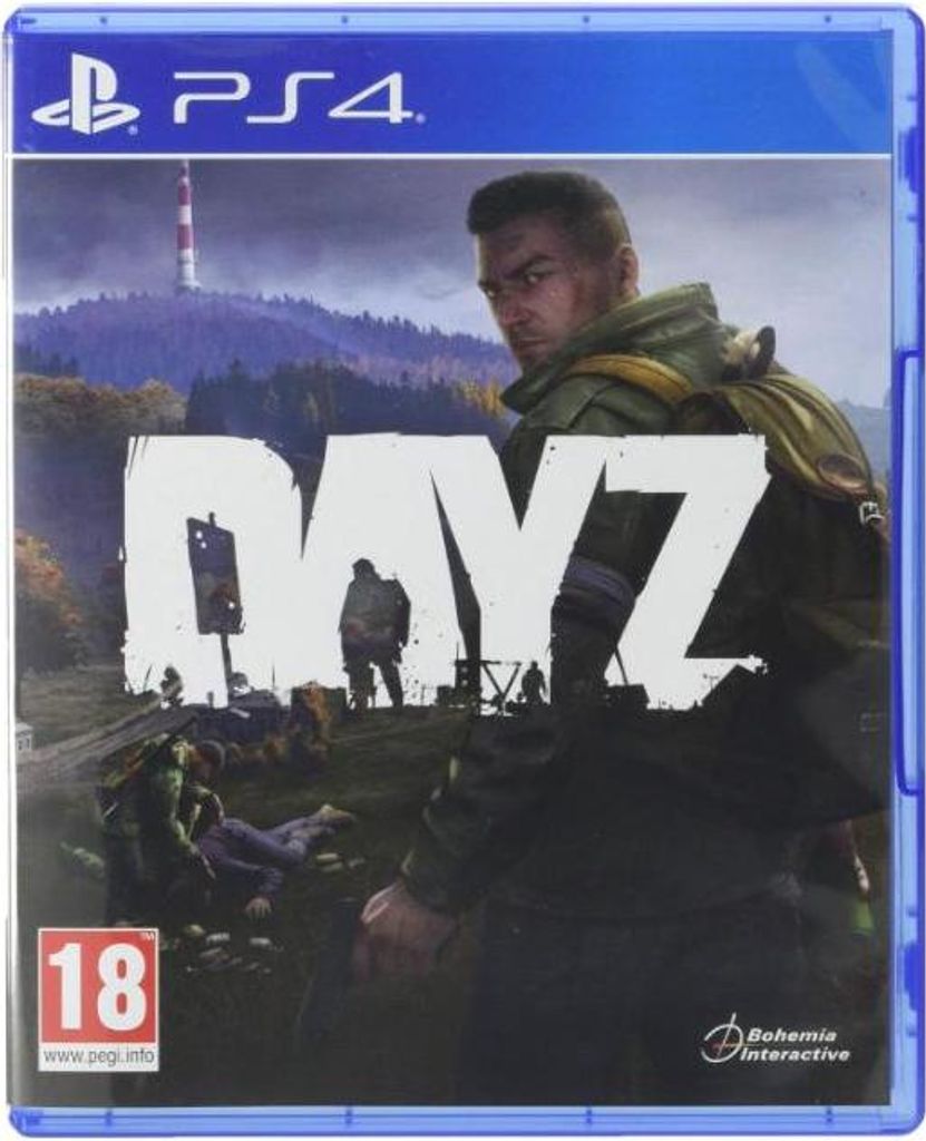 The image shows the front cover of the DayZ video game for PlayStation 4. The cover features a man in the foreground looking intensely at the viewer, with a post-apocalyptic landscape in the background. The game's title is prominently displayed in large wh