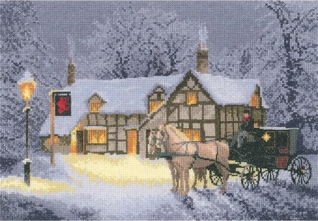 Kit Point de Croix Heritage Christmas Inn sur Toile Aida Blanche A