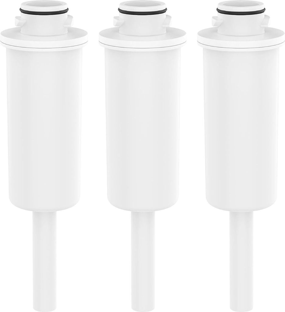 Three white water filter cartridges are arranged in a row against a white background.