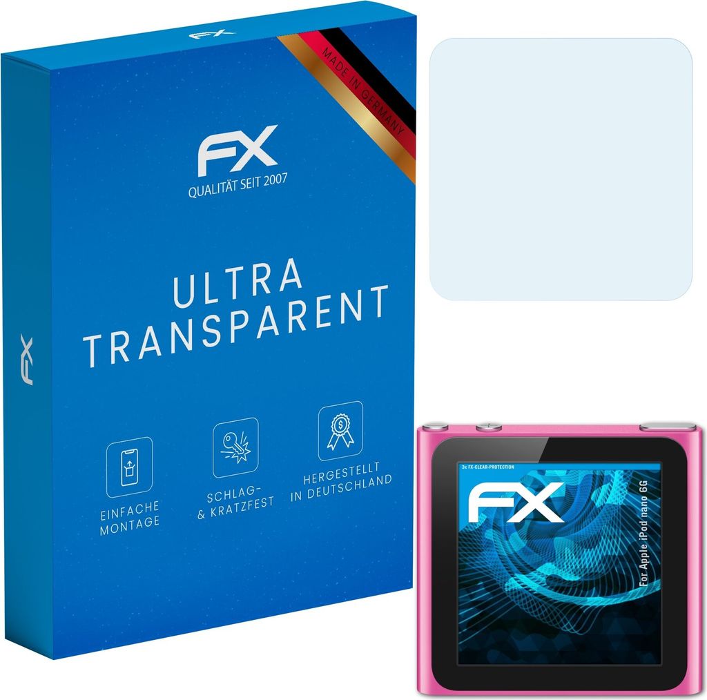 atFoliX FX-Clear 3x Schutzfolie kompatibel mit Apple iPod nano 6G Displayschutzfolie