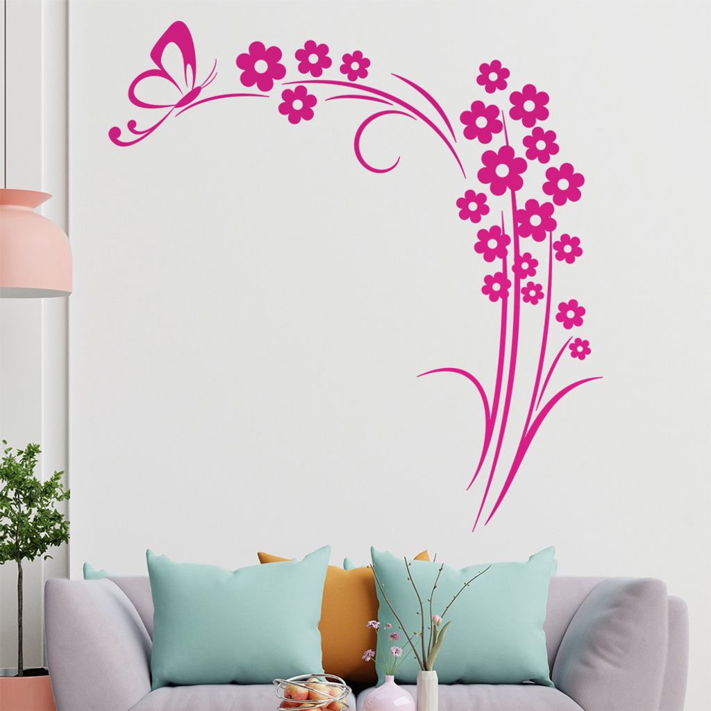 Schmetterling am Ende der Blume Wandtattoo in 6 Größen - Wandaufkleber Wall Sticker - Dekoration, Küche, Wohnzimmer, Schlafzimmer, Badezimmer
